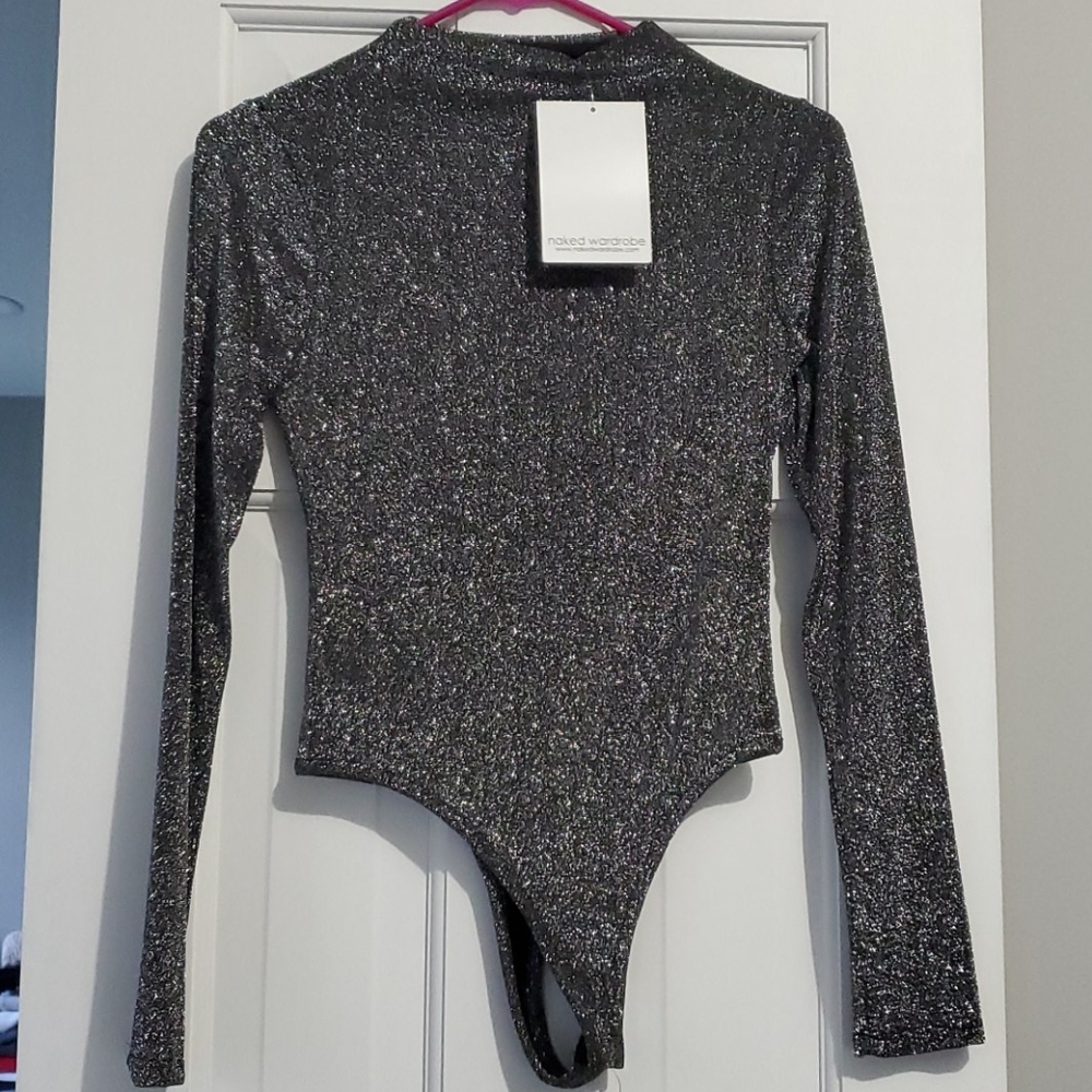 Naked Wardrobe Black with Silver Sparkle Bodysuit